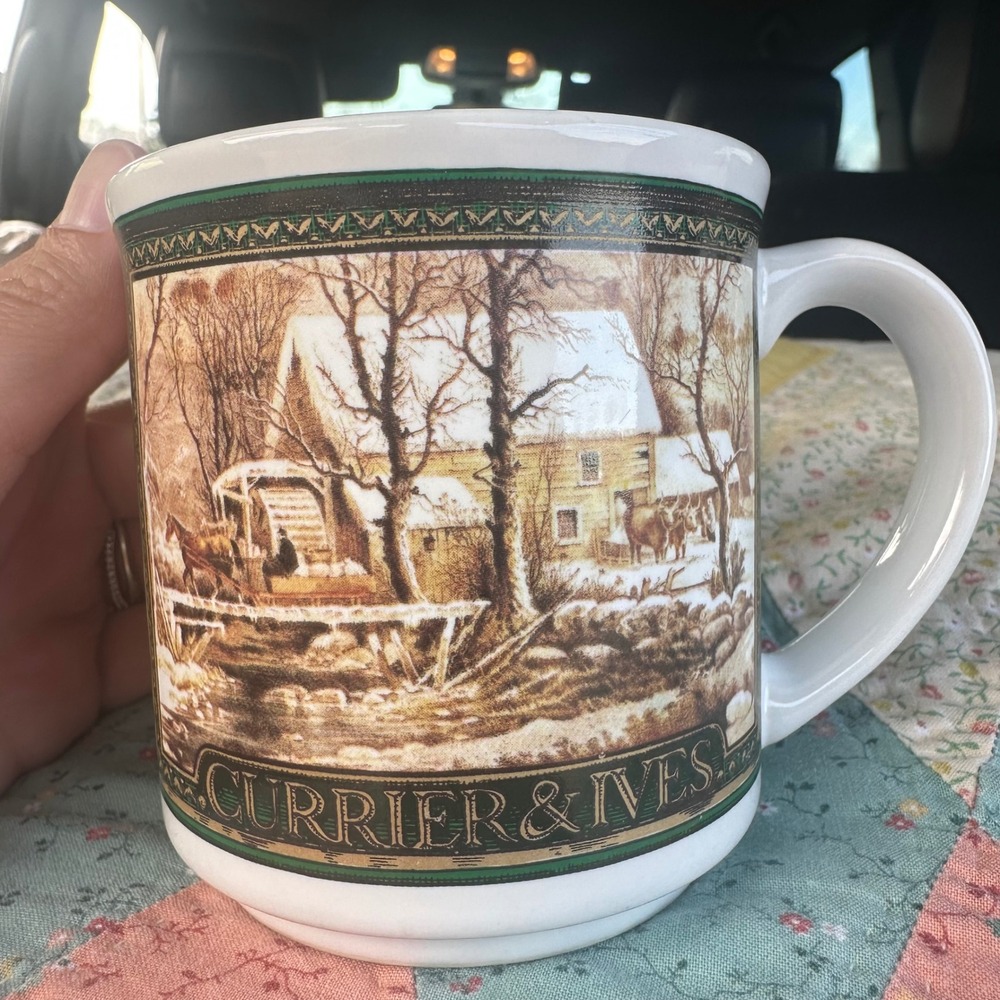 Vintage 1991 Currier & Ives Enesco Coffee Mug The Old Grist‎ Mill Winter Scene